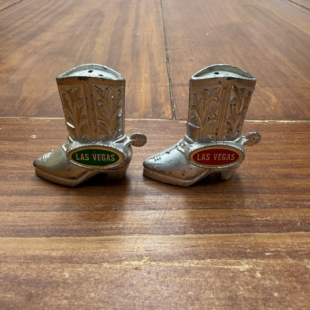 Vintage Las Vegas Souvenir Salt & Pepper Shakers Silver Cowboy Boots Japan